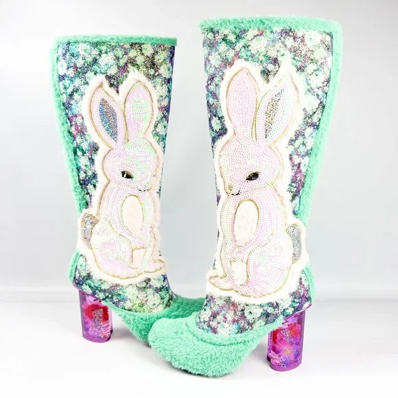 Irregular Choice “Lapin” Fuzzy Bunny Sequin Glitter Boots Mint Green & Pink - Picture 1 of 6